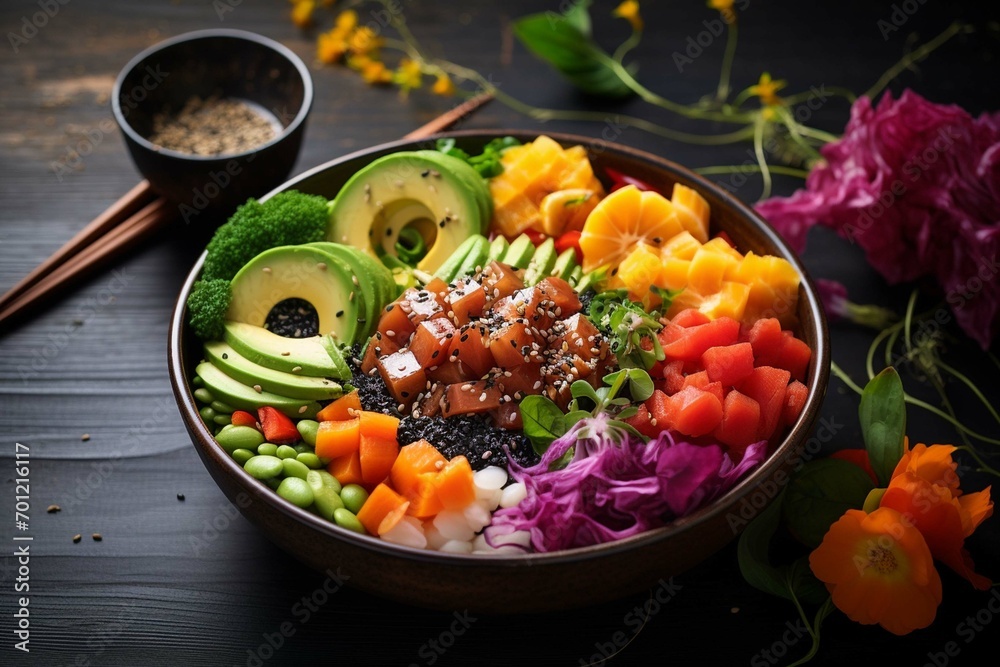 
Colorful healthy natural organic vegetarian Hawaiian poke bowl