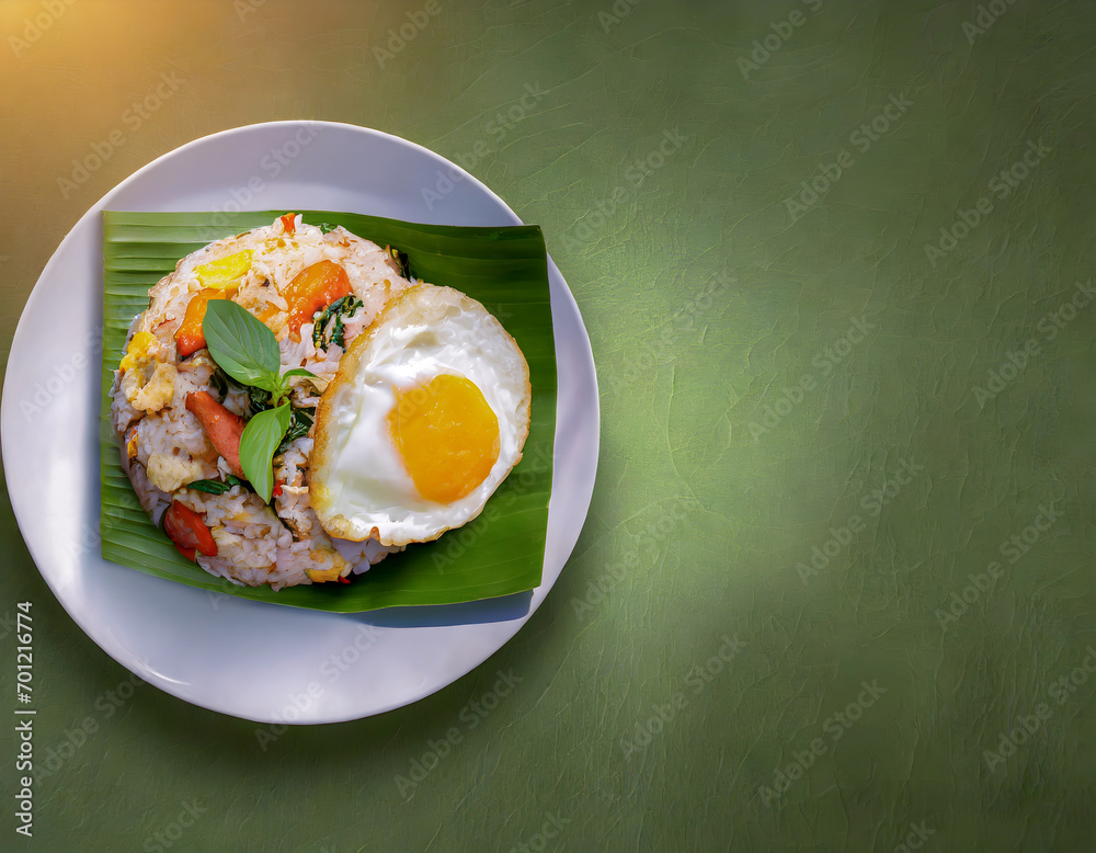 Hot basil fried rice with fried eggs served on banana leaves There is a text area.