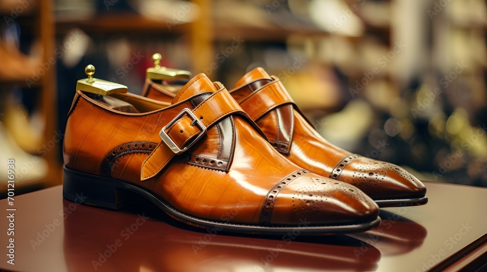 men's pair of shoes on the shelf display men's pair of shoes on the shelf display