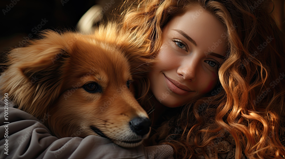 Happy young woman sitting with his dog in park outdoors Happy young woman sitting with his dog in park outdoors