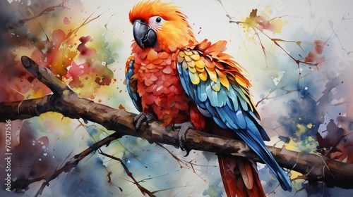 big parrot on a branch in watercolor style.
