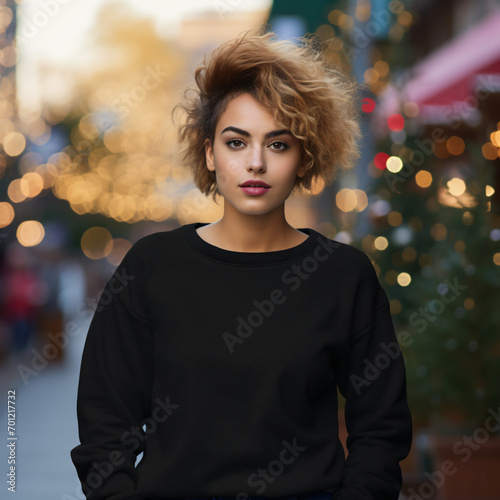 Handsome woman wearing a black blank crewneck sweatshirt mock up style photo background outside at Christmas's time.
