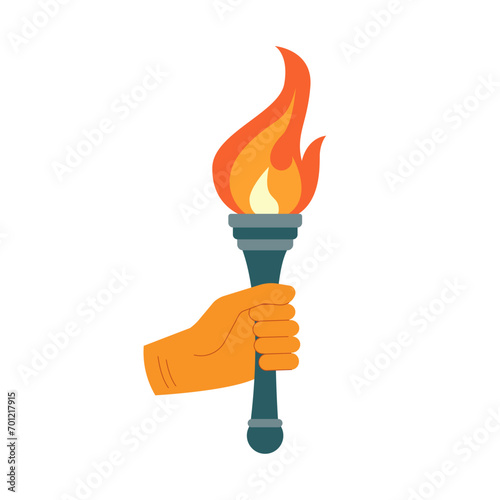  Burning torche with flame in hand. Symbols of olimpic games, relay race, competition victory, champion or winner. Vector isolated illustrated