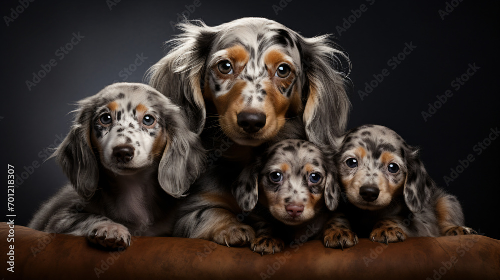 Merle dapple Dachshund dog mother with her puppies