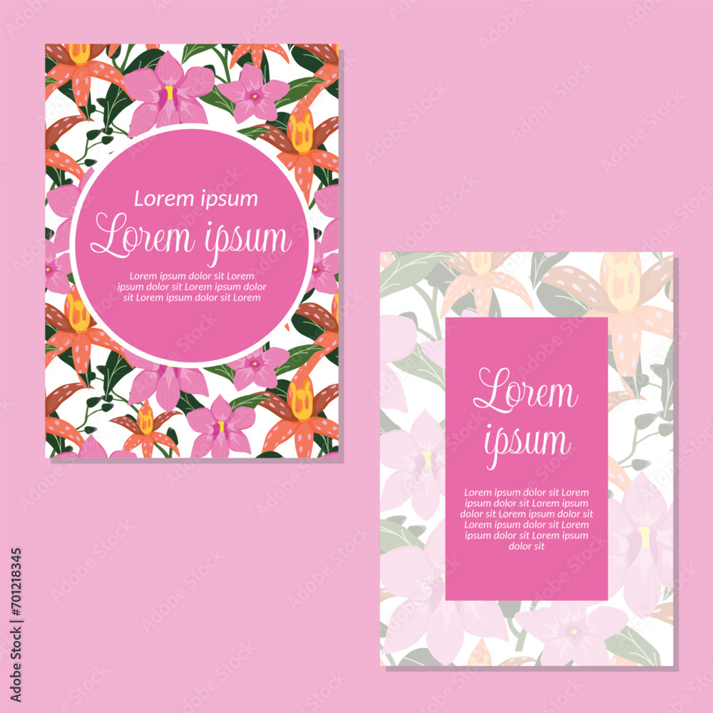 Obraz premium Wedding invitation card template. orchid flower and leaves seamless pattern backgrounds save the date, invitation, greeting card, vector illustration.