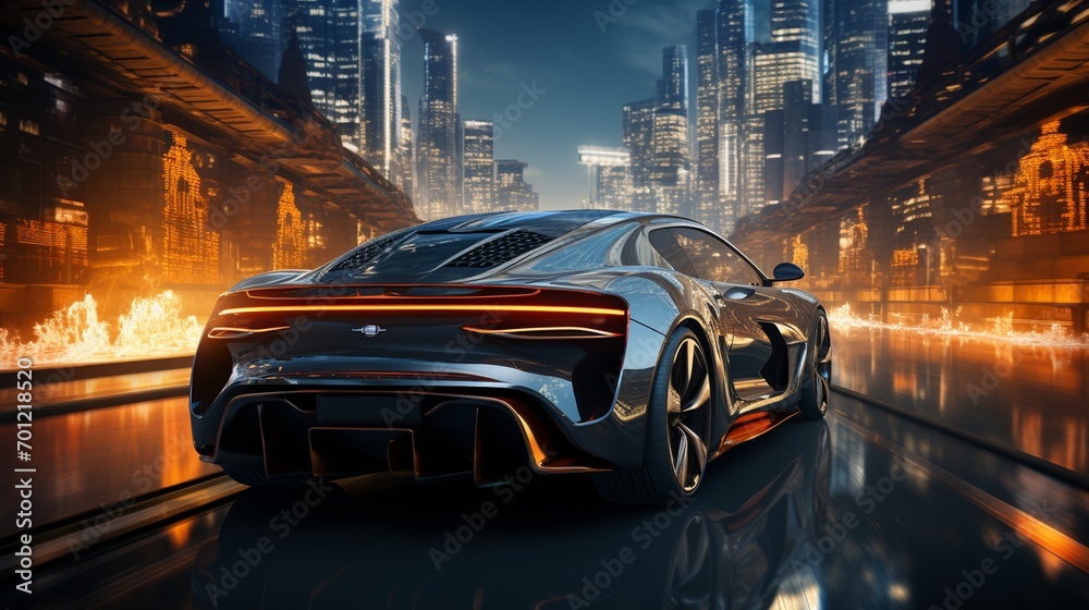 Obraz premium Car is driving through the city, back view. Sports car, futuristic autonomous vehicle. HUD car.