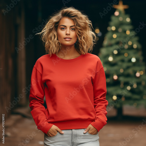 crisp and clear sweatshirt mock-up of a woman, wearing blank red sweatshirt, Christmas tree background. © Illustration