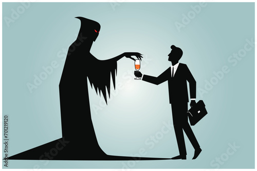 fraud business scam concept, political propaganda crime agenda, mind control, man with demon drinking wine , minimal flat vector  silhouette illustration
