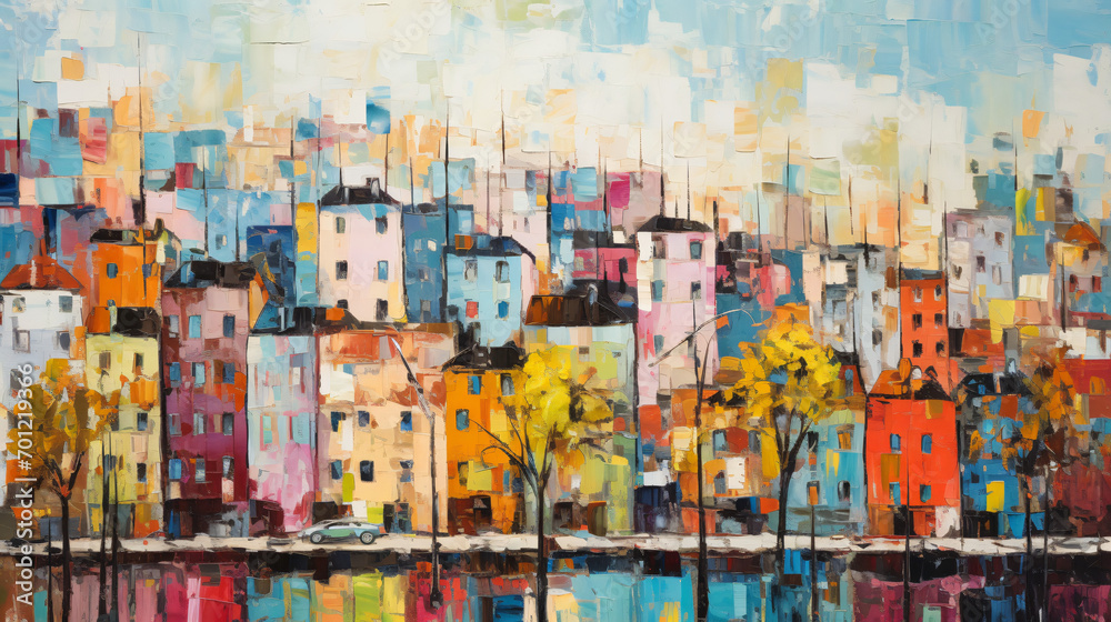 Oil paintings city landscape. Colorful thick impasto