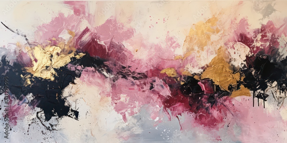 Abstract Oil Painting with Gold and Pink  black Tones