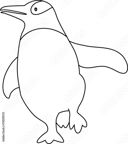 Cute cartoon penguin with doodle simple lines, the penguin standing, running, jumping, sliding, and striking various poses. The cartoon penguin in the icy world joyful.