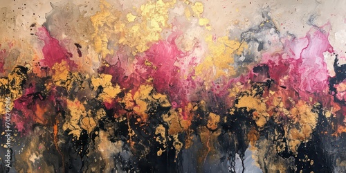Abstract Oil Painting with Gold and Pink black Tones