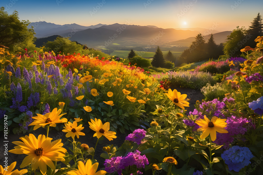 Fototapeta premium A garden with beautiful flowers. Generative AI