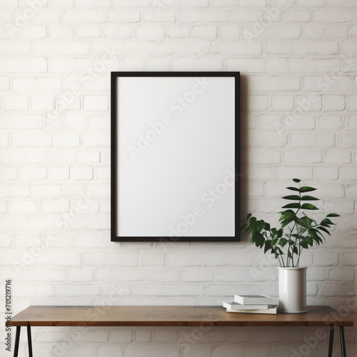 Close up blank poster mock up with fine black frame, wall neutral white color © Illustration