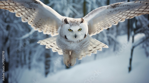 Close-up view of flying white Snow Owl in snow in wild in Winter 