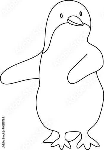 Cute cartoon penguin with doodle simple lines, the penguin standing, running, jumping, sliding, and striking various poses. The cartoon penguin in the icy world joyful.
