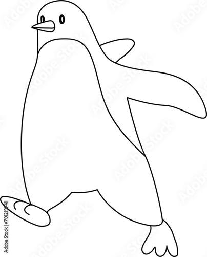 Cute cartoon penguin with doodle simple lines, the penguin standing, running, jumping, sliding, and striking various poses. The cartoon penguin in the icy world joyful.