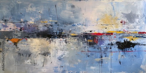 Abstract oil paint soft blues and greys with hints yellow, and red. lines intersect and overlap, creating a sense of depth and layering within the composition.