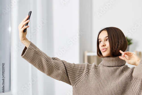 selfie woman photo smartphone mobile home blogger emotion phone camera trendy