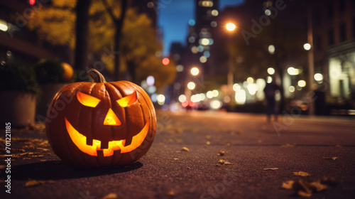 Glowing Halloween pumpkin at night. A holiday of fear and horror. Horrifying Party