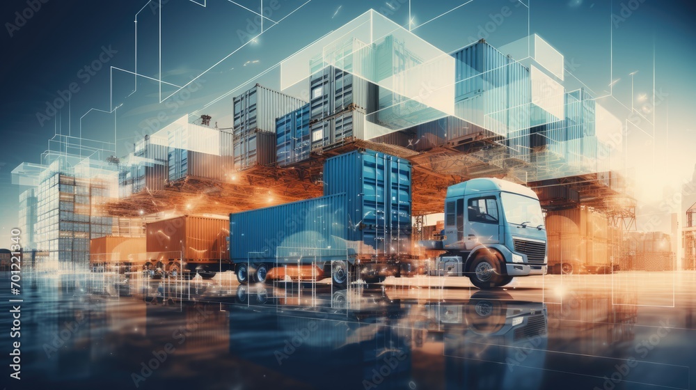 Double exposure business background modern Technology wireless logistics with many containers on truck, airplane against large warehouse full of storage shipping products boxes on shelves in cargo