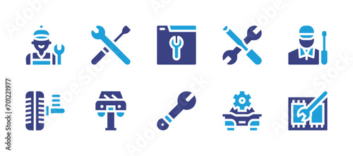 Fototapeta Naklejka Na Ścianę i Meble -  Repair icon set. Duotone color. Vector illustration. Containing under maintenance, tools, mechanic, car repair, suspension, wrench, repair, maintenance.