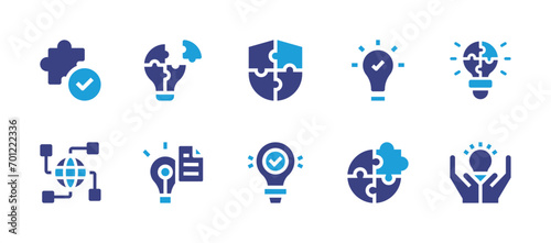 Solution icon set. Duotone color. Vector illustration. Containing bulb, solution, skill development, puzzle, invention, idea.