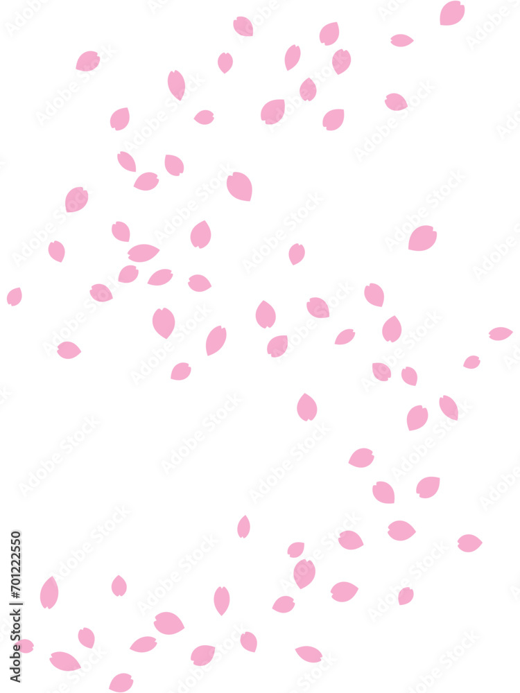 フラットな桜の花びらがS字カーブを描きながら舞う縦背景のイラスト