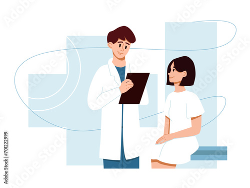  Male Doctor talking to Patient. Woman at Doctors appointment. Vector Illustration in Flat Cartoon Style.