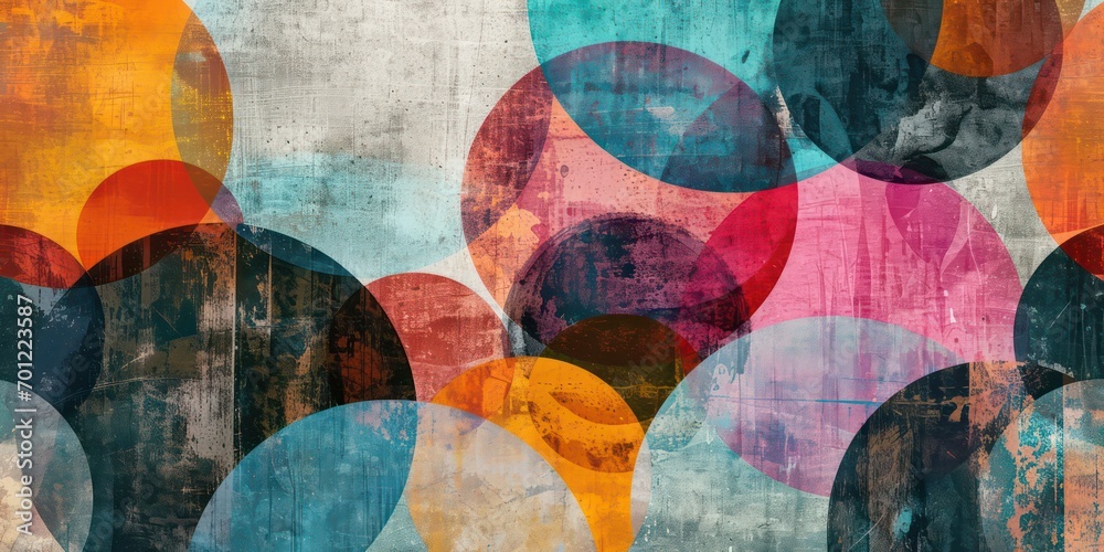 Fototapeta premium Concrete with colorful Circles in trendy holographic Featuring a Grunge Texture Geometric design retro style.