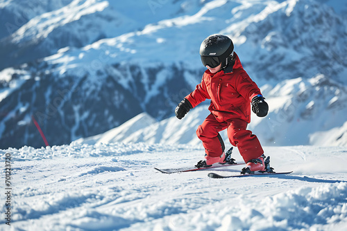 Child skier on the slope, Child sledding down a snowy hill, winter joy, pine trees