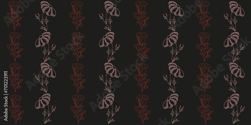 Beautiful design Vintage Floral wallpaper with Hand Drawn summer flowers on black background. Ikkat fabric and bed linen print. Vector illustration. EPS 10