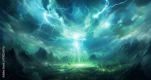 Extremely powerful magic energy gathering in one place, magic lightning bolts converge towards a central point, green and blue effect photo