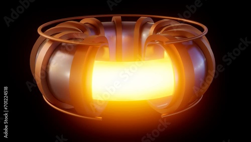 A miniaturized model of a fusion reactor, depicted in a 3D animation, showcases a magnetic field confining superheated plasma within a doughnut-shaped chamber. photo