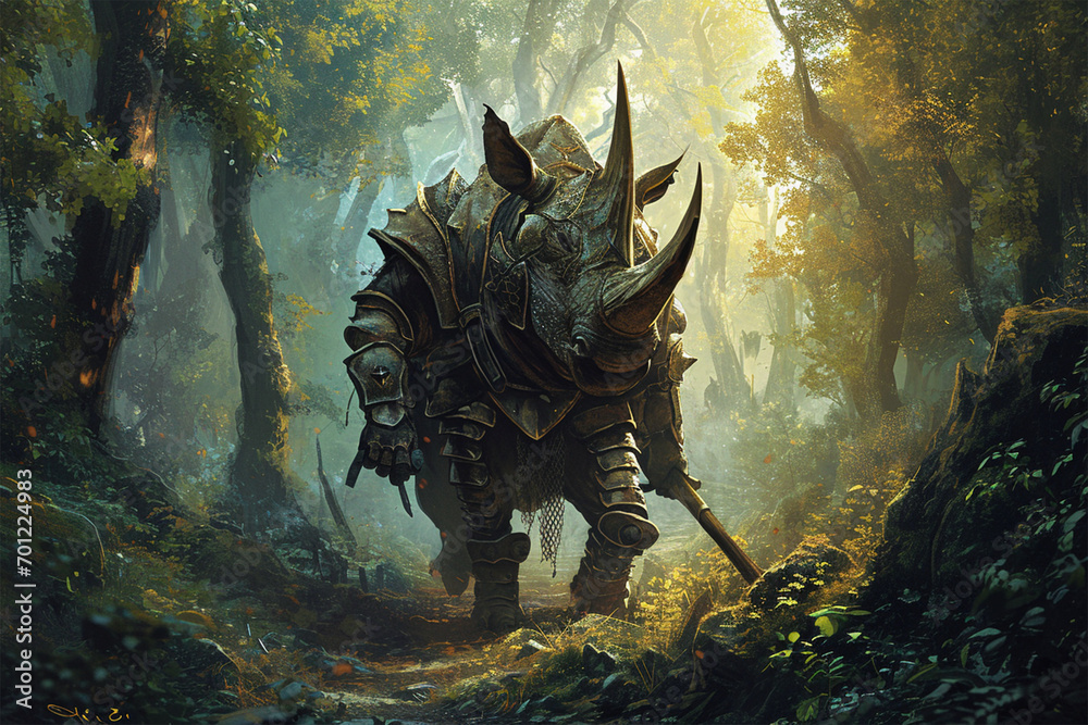 illustration of the rhinoceros knight guarding the forest - obrazy, fototapety, plakaty 