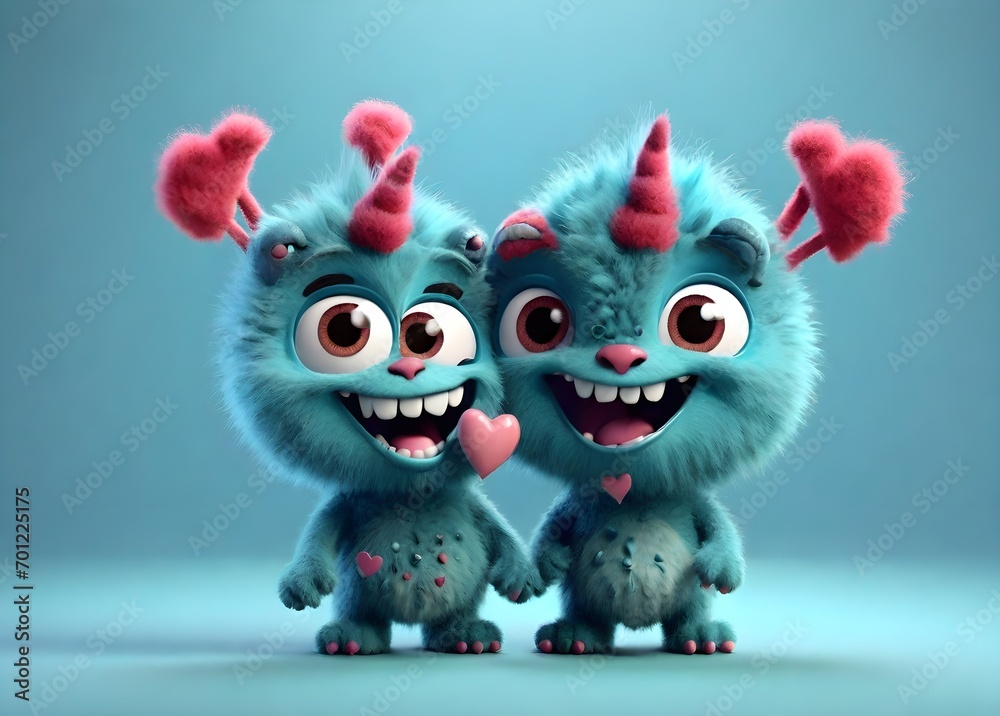 Cute monsters couple Valentine.  Generative AI