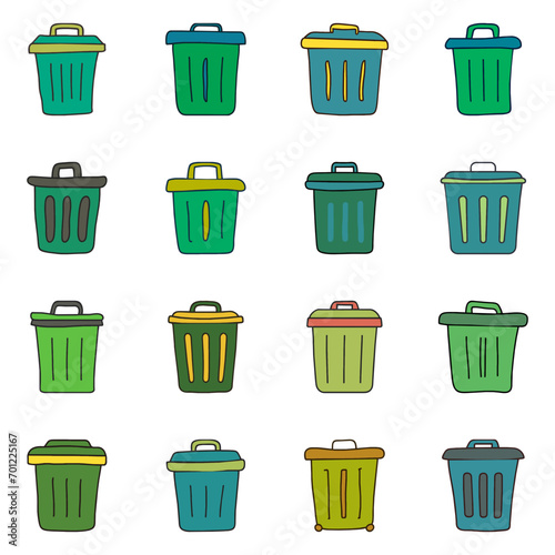 Set of rubbish bin icon. Hand drawn doodle vector design.