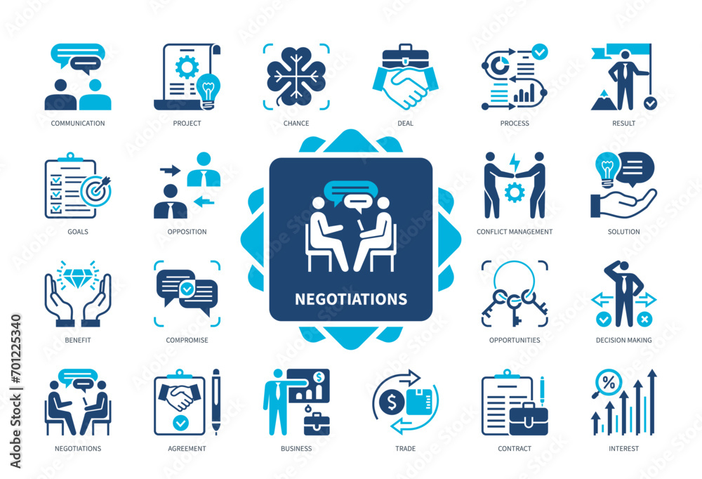 Negotiations icon set. Goals, Compromise, Contract, Solution, Opportunities, Communicate, Conflict Management, Agreement. Duotone color solid icons