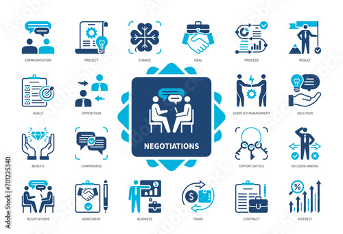 Negotiations icon set. Goals, Compromise, Contract, Solution, Opportunities, Communicate, Conflict Management, Agreement. Duotone color solid icons