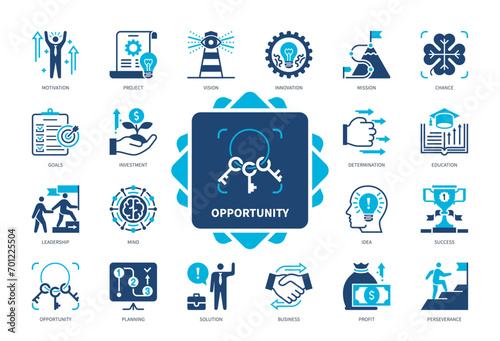 Opportunity icon set. Goals, Perseverance, Mission, Determination, Education, Investment, Success, Idea. Duotone color solid icons
