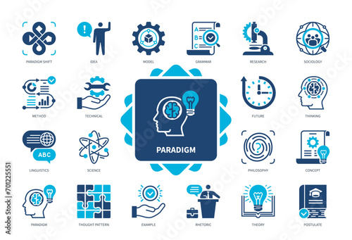 Paradigm icon set. Philosophy, Science, Theory, Thought Pattern, Rhetoric, Postulate, Paradigm Shift, Sociology. Duotone color solid icons