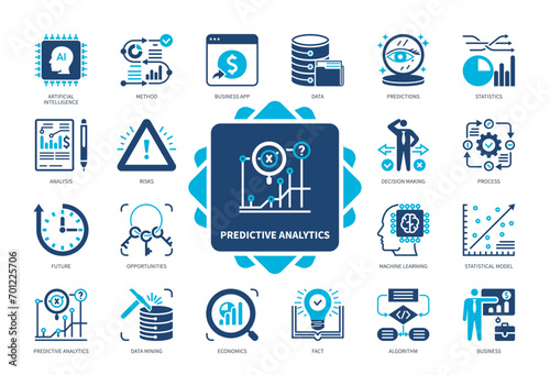 Predictive Analytics icon set. Machine Learning, Data Mining, Statistics, Opportunities, Prediction, Analysis, Algorithm, Artificial Intelligence. Duotone color solid icons