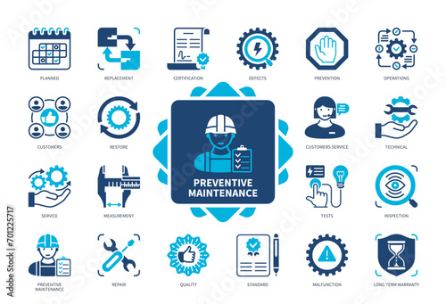Preventive Maintenance icon set. Malfunction, Inspection, Conditions, Customer Service, Repair, Certification, Replacement, Restore. Duotone color solid icons