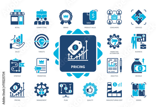 Pricing icon set. Product Value, Strategy, Revenue, Management, Marketing Automation, Business, Sales, Goods, Services. Duotone color solid icons