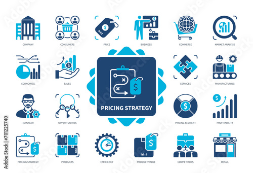 Pricing Strategy icon set. Company, Market Analysis, Product Value, Management, Competition, Business, Customers, Market. Duotone color solid icons