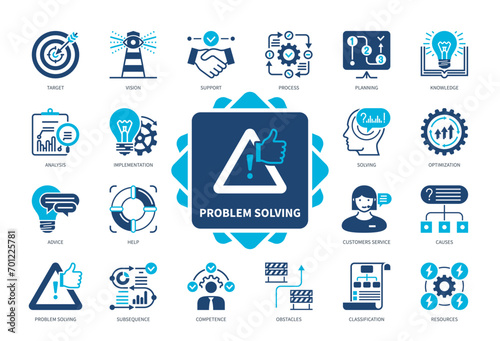 Problem Solving icon set. Obstacles, Optimization, Vision, Analysis, Advice, Customer Service, Competence, Solving. Duotone color solid icons