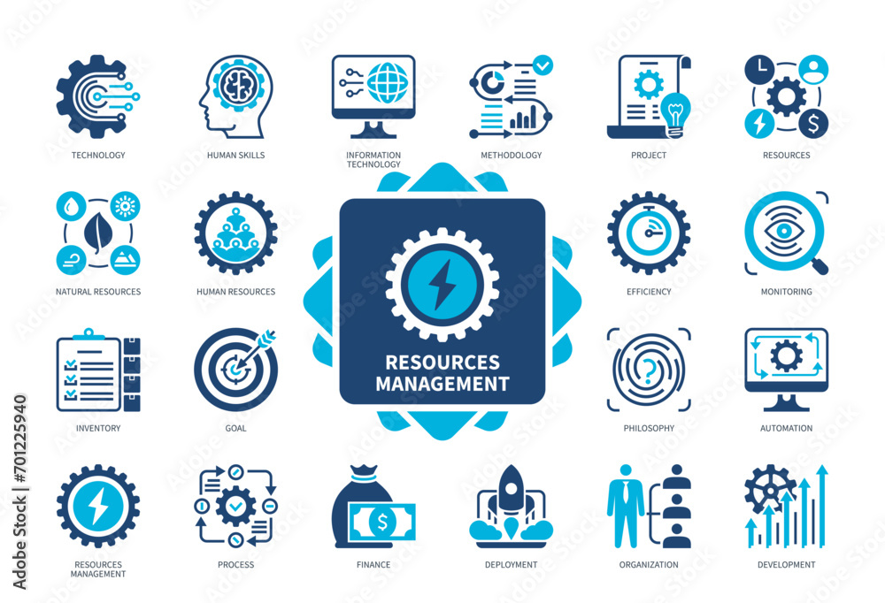 Resources Management icon set. Resources, Information Technology, Deployment, Human Resources, Project, Inventory, Skills, Development. Duotone color solid icons - obrazy, fototapety, plakaty 