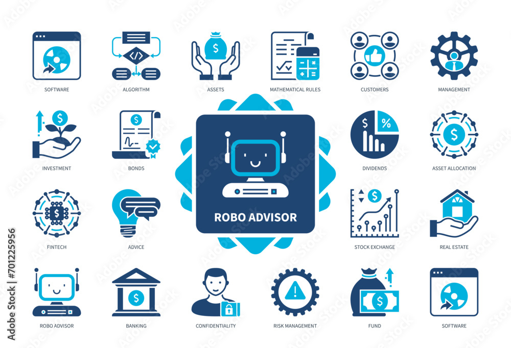 Robo Advisor icon set. Advisor, Investment, Software, Algorithm, Fintech, Management, Asset Allocation, Consulting. Duotone color solid icons - obrazy, fototapety, plakaty 
