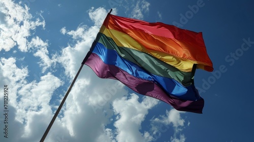 LGBT flag. Waving rainbow flag against blue sky. Freedom of love and diversity 