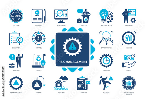 Risk Management icon set. Standard, Monitoring, Strategy, Analysis, Control, Evaluation, International Markets, Project. Duotone color solid icons